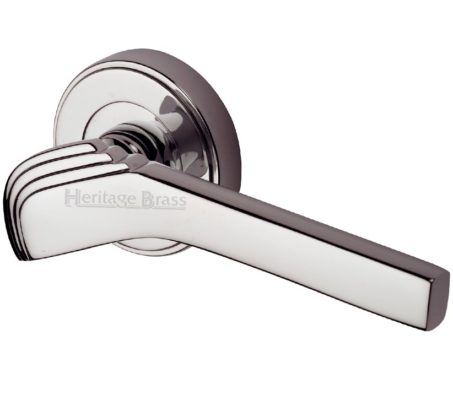 Heritage Brass Tiffany Art Deco Style Door Handles On Round Rose, Polished Nickel (sold in pairs)