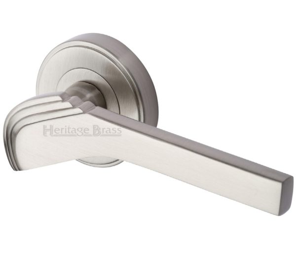 Heritage Brass Tiffany Art Deco Style Door Handles On Round Rose, Satin Nickel (sold in pairs)