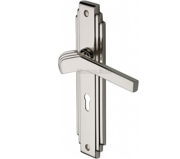 Heritage Brass Tiffany Art Deco Style Door Handles, Polished Nickel (sold in pairs)