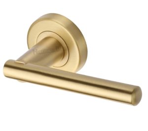 Heritage Brass Challenger Satin Brass Door Handles On Round Rose (sold in pairs)