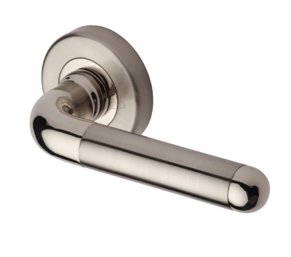 Heritage Brass Vienna Mercury Finish Door Handles, Satin Nickel With Polished Nickel Edge On Round Rose (sold in pairs)