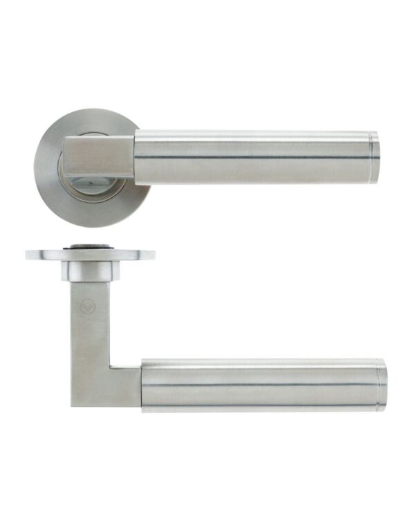 Hardware Vier Berlin Designer Lever On Round Rose, Satin Stainless Steel (Sold In Pairs)