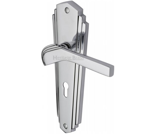 Heritage Brass Waldorf Art Deco Style Door Handles, Polished Chrome (sold in pairs)