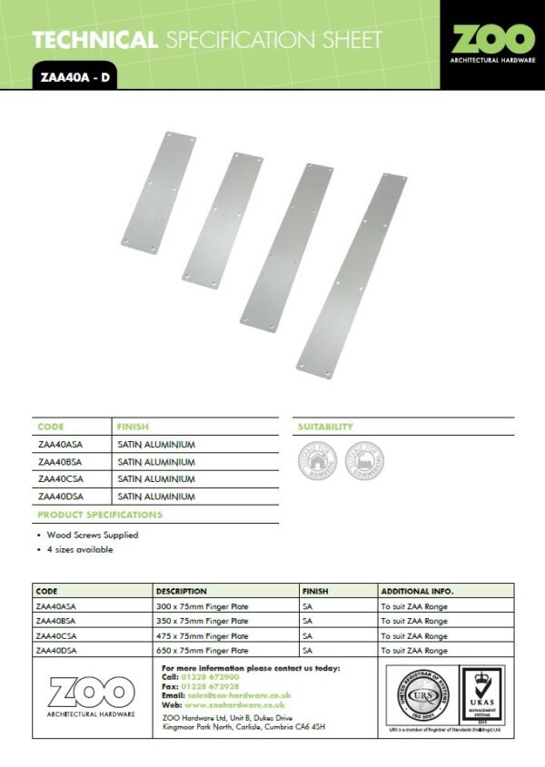 Zoo Hardware Architectural Aluminium Finger Plates (75Mm - 300Mm To 650Mm, Satin Aluminium - Image 2