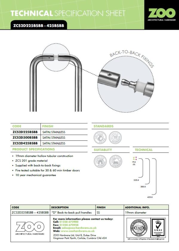 Zoo Hardware Zcs2D Contract Back To Back Pull Handles (19Mm Bar Diameter), Satin Stainless Steel - Image 2