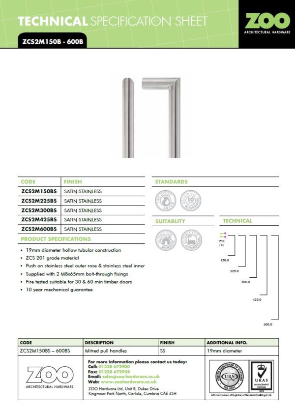 Zoo Hardware Zcs2M Contract Mitred Pull Handles (19Mm Bar Diameter), Satin Stainless Steel - Image 2