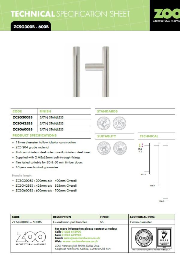 Zoo Hardware Zcsg Architectural Guardsman Pull Handles (19Mm Or 21Mm Bar Diameter), Satin Stainless Steel - Image 2