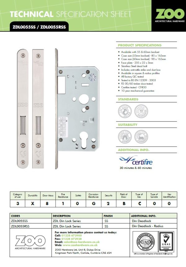 Zoo Hardware Vier 72Mm C/C Din Dead Lock (Square Or Radius Profile), Satin Stainless Steel - Image 2