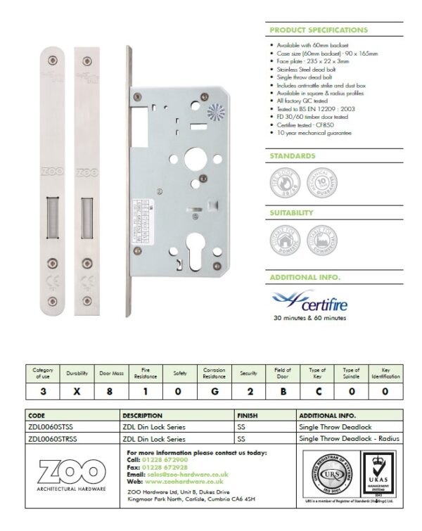 Zoo Hardware Vier 72Mm C/C Din Single Throw Dead Lock (Square Or Radius Profile), Satin Stainless Steel - Image 2