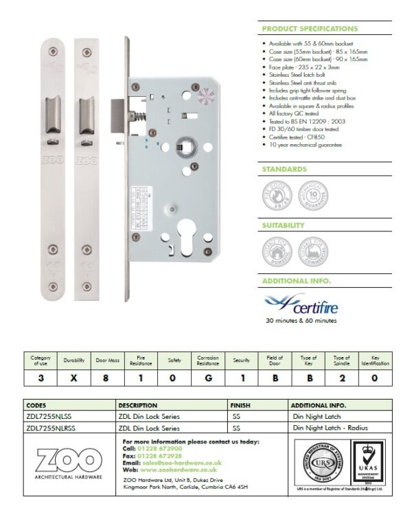 Zoo Hardware Vier 72Mm C/C Din Night Latch (Square Or Radius Profile), Satin Stainless Steel - Image 2