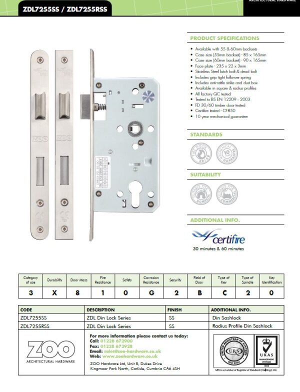 Zoo Hardware Vier 72Mm C/C Euro Sash Din Lock (Square Or Radius Profile), Satin Stainless Steel - Image 2