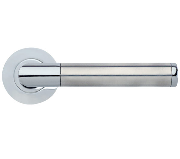 Zoo Hardware Stanza Luna Lever On Round Rose, Dual Finish Polished Chrome & Satin Stainless Steel (sold in pairs)