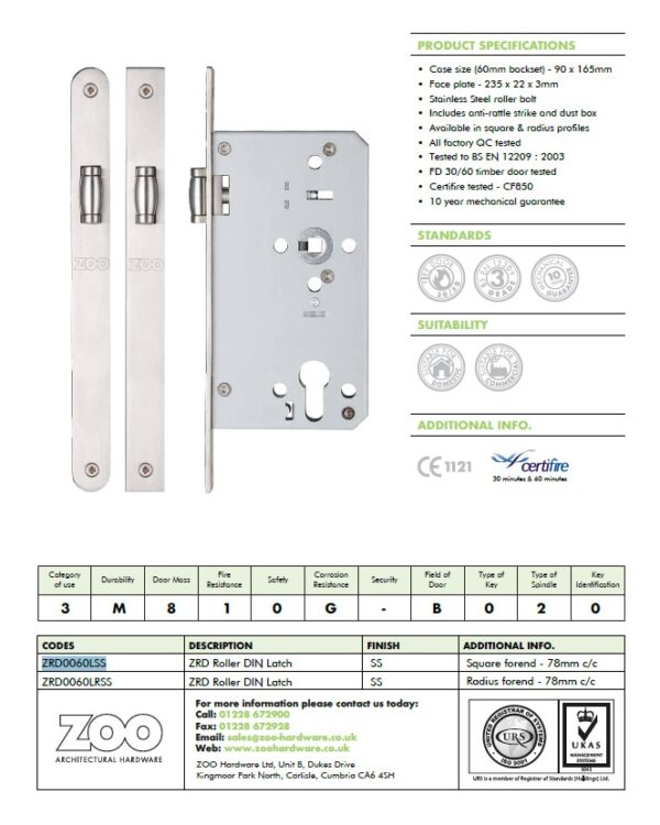 Zoo Hardware Vier 72Mm C/C Din Roller Latch (Square Or Radius Profile), Satin Stainless Steel - Image 2