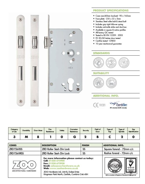 Zoo Hardware Vier 72Mm C/C Din Roller Sash Lock (Square Or Radius Profile), Satin Stainless Steel - Image 2