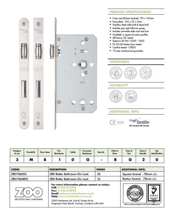 Zoo Hardware Vier 72Mm C/C Din Roller Bathroom Lock (Square Or Radius Profile), Satin Stainless Steel - Image 2