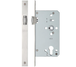 Zoo Hardware Vier 72mm c/c DIN Roller Bathroom Lock (Square Or Radius Profile), Satin Stainless Steel