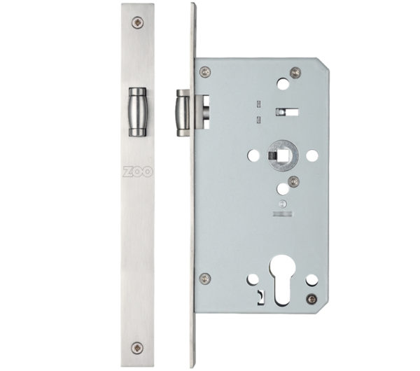 Zoo Hardware Vier 72mm c/c DIN Roller Bathroom Lock (Square Or Radius Profile), Satin Stainless Steel
