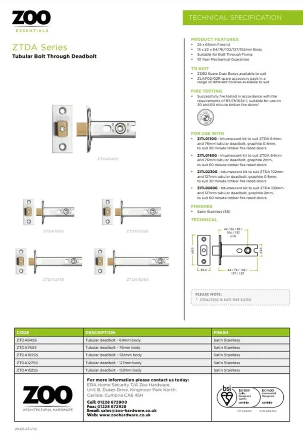 Zoo Hardware Architectural Tubular Dead Bolt (Bolt Through) - Stainless Steel Finish - Image 3