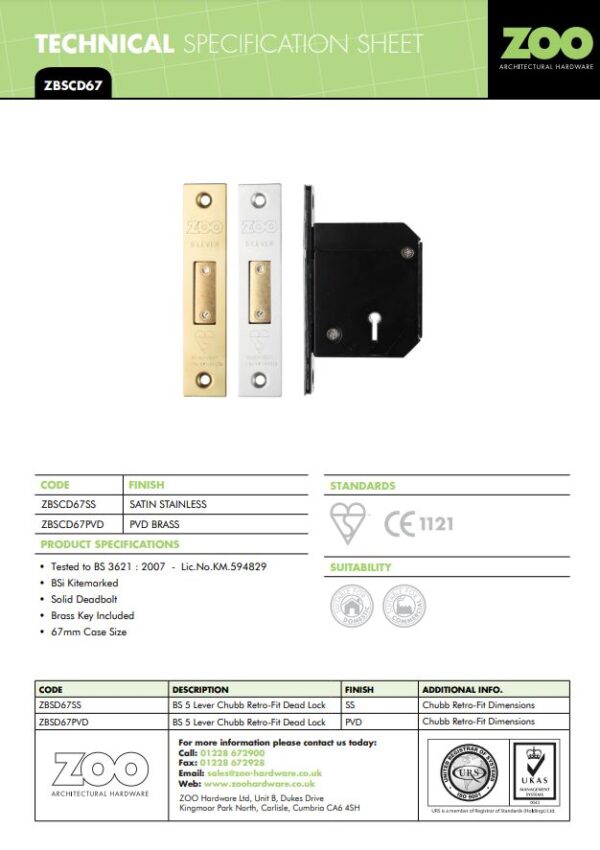 Zoo Hardware British Standard 5 Lever Chubb Retro-Fit Dead Lock (67Mm Or 80Mm), Pvd Stainless Brass - Image 2