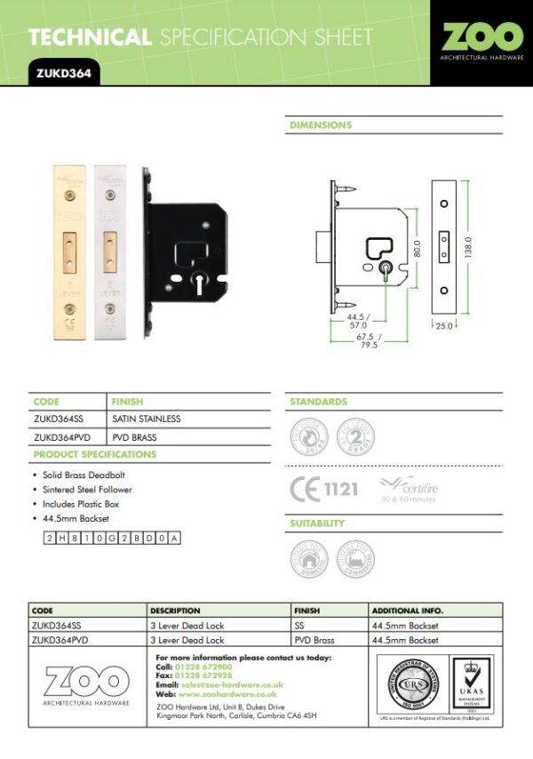 Zoo Hardware 3 Lever Dead Lock (67.5Mm Or 79.5Mm), Pvd Stainless Brass - Image 2