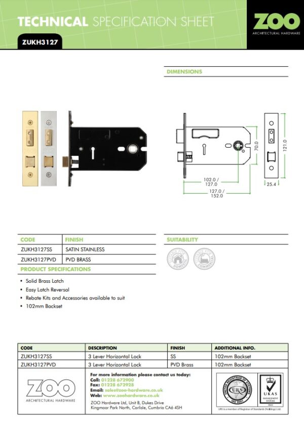 Zoo Hardware 3 Lever Horizontal Lock (127Mm Or 152Mm), Pvd Stainless Brass - Image 3