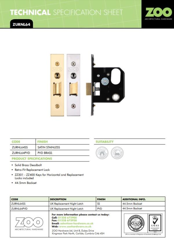 Zoo Hardware Replacement Nightlatch - 64mm c/w PVD Forend and Strike - Image 3