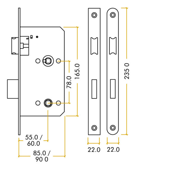 Zoo Hardware Vier 78Mm C/C Din Bathroom Lock (Square Or Radius Profile), Satin Stainless Steel - Image 3