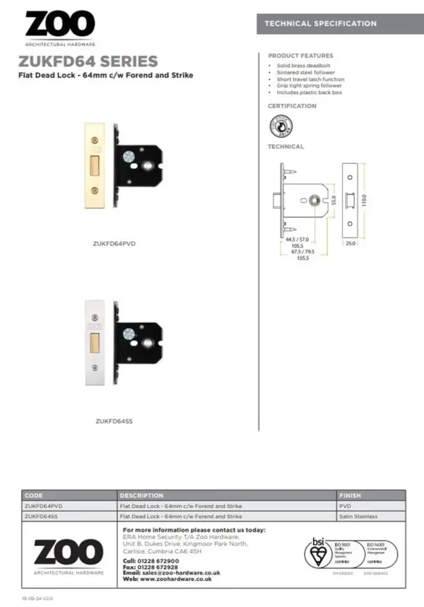 Zoo Hardware Flat Dead Bolt (67.5Mm, 79.5Mm Or 105.5Mm), Pvd Stainless Brass - Image 2