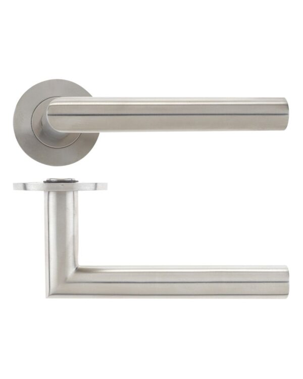 Zoo Hardware Vier Mitred Lever On Round Rose, Satin Stainless Steel (Sold In Pairs)