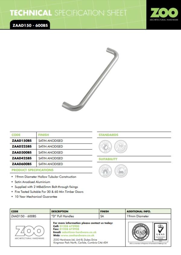 Zoo Hardware Architectural Aluminium D Pull Handles (19Mm Or 22Mm Bar Diameter), Satin Aluminium - Image 2