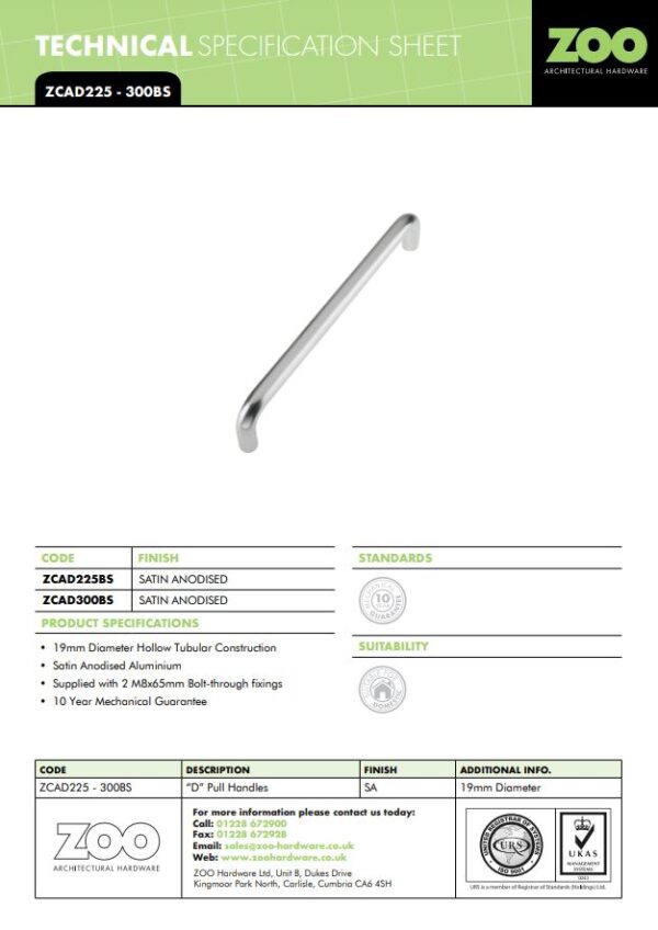 Zoo Hardware Contract Aluminium D Pull Handle (19Mm Bar Diameter), Satin Aluminium - Image 2