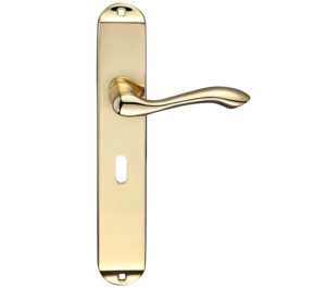 Arundel Door Handles On Long Backplate, Polished Brass (sold in pairs)