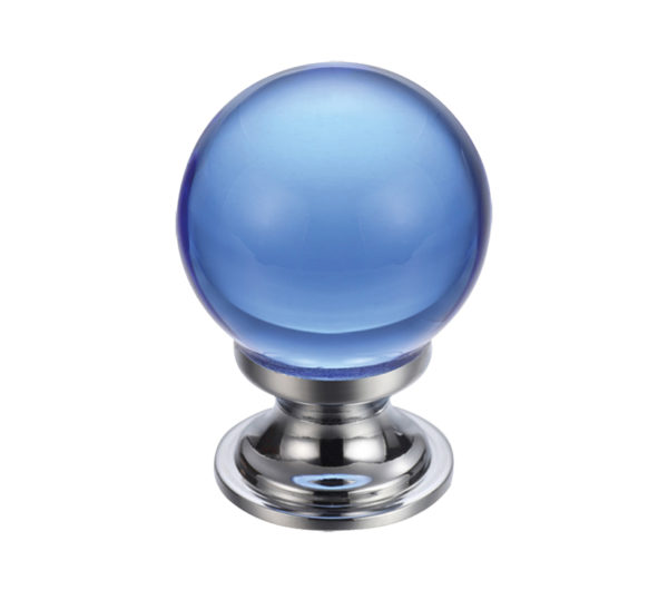 Blue Glass Ball Cupboard Knobs (25mm Or 30mm), Polished Chrome Base