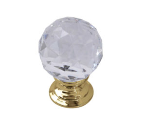 Faceted Glass Cupboard Door Knob, Polished Brass
