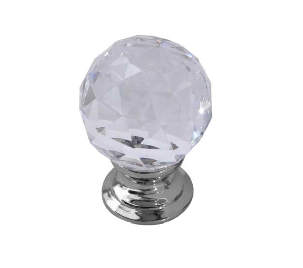 Faceted Glass Cupboard Door Knob, Polished Chrome