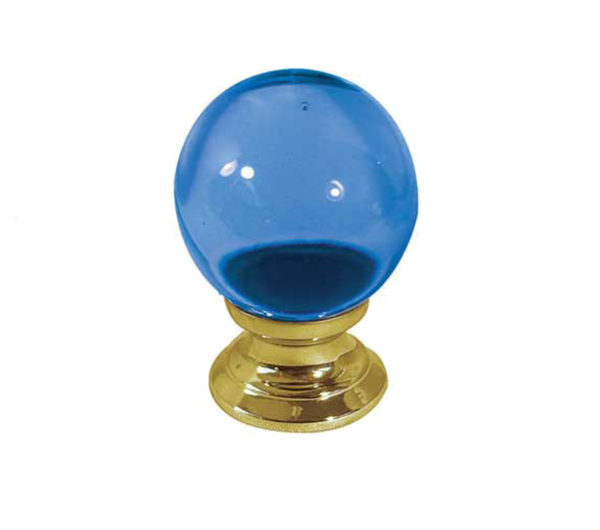 Blue Coloured Plain Ball Glass Cupboard Door Knob, Polished Brass