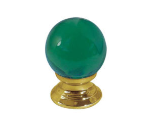 Green Coloured Plain Ball Glass Cupboard Door Knob, Polished Brass