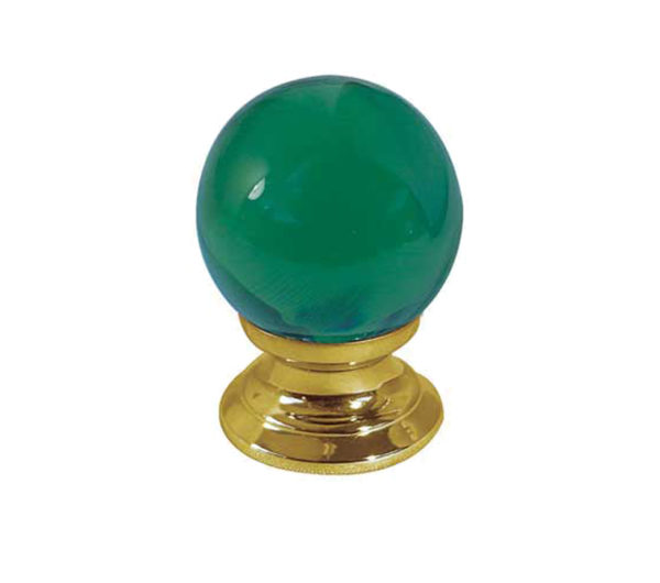 Green Coloured Plain Ball Glass Cupboard Door Knob, Polished Brass