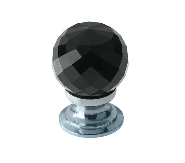 Black Coloured Faceted Glass Cupboard Door Knob, Polished Chrome