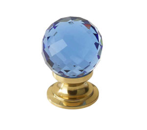 Blue Coloured Faceted Glass Cupboard Door Knob, Polished Brass