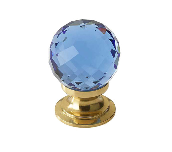 Blue Coloured Faceted Glass Cupboard Door Knob, Polished Brass