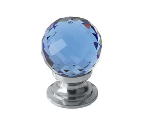 Blue Coloured Faceted Glass Cupboard Door Knob, Polished Chrome
