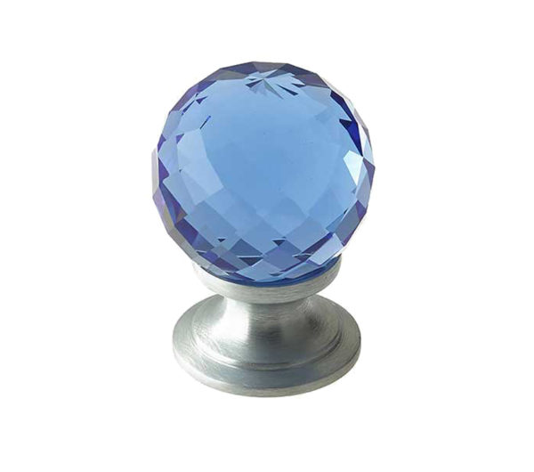 Blue Coloured Faceted Glass Cupboard Door Knob, Satin Chrome