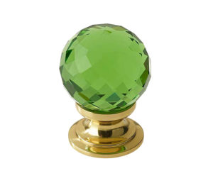 Green Coloured Faceted Glass Cupboard Door Knob, Polished Brass