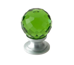 Green Coloured Faceted Glass Cupboard Door Knob, Satin Chrome