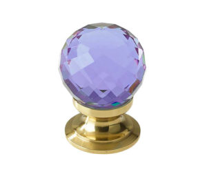 Purple Coloured Faceted Glass Cupboard Door Knob, Polished Brass