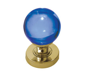 Blue Coloured Plain Ball Glass Mortice Door Knob, Polished Brass (sold in pairs)