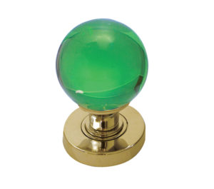 Green Coloured Plain Ball Glass Mortice Door Knob, Polished Brass (sold in pairs)