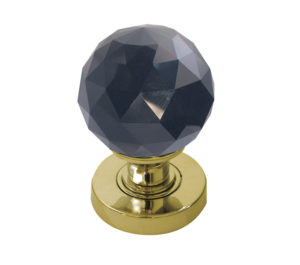 Black Coloured Faceted Glass Mortice Door Knob, Polished Brass (sold in pairs)