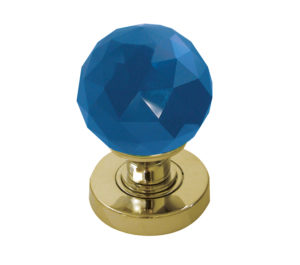 Blue Coloured Faceted Glass Mortice Door Knob, Polished Brass (sold in pairs)